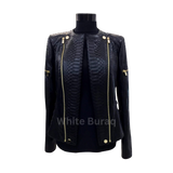 Black leather jacket with gold zippers