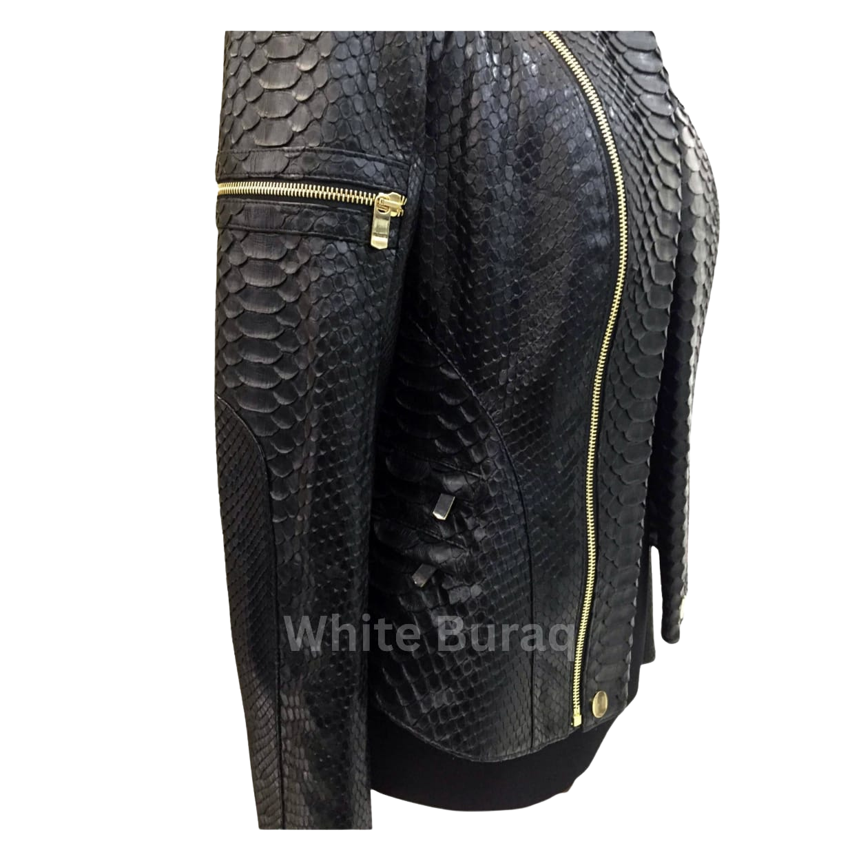 Black leather jacket with gold zipper