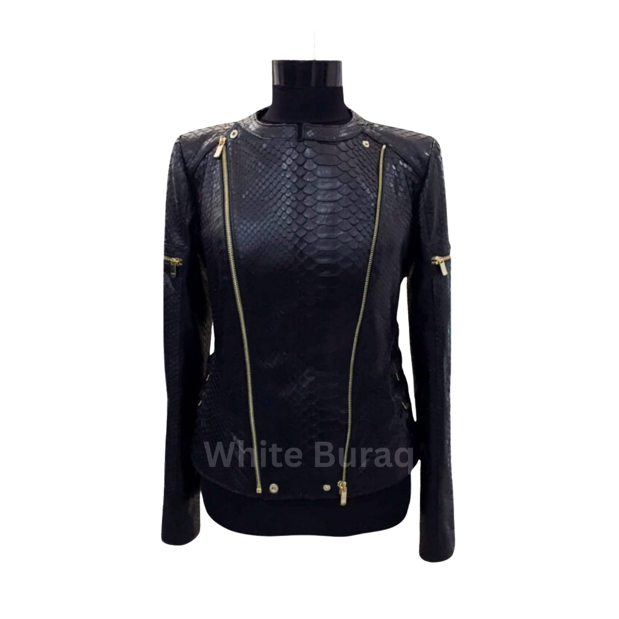 Black leather jacket with gold zippers