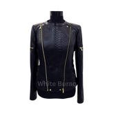 Black leather jacket with gold zippers