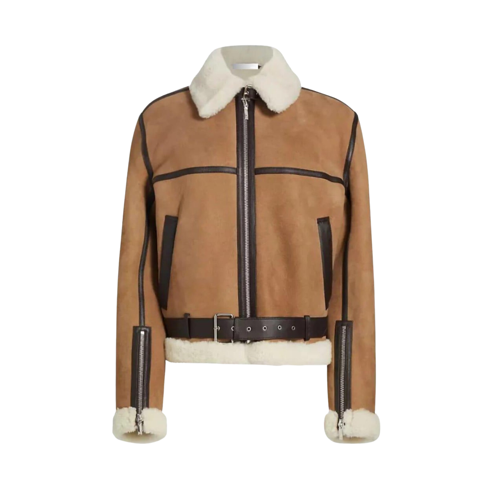 Brown leather jacket with white fur lining
