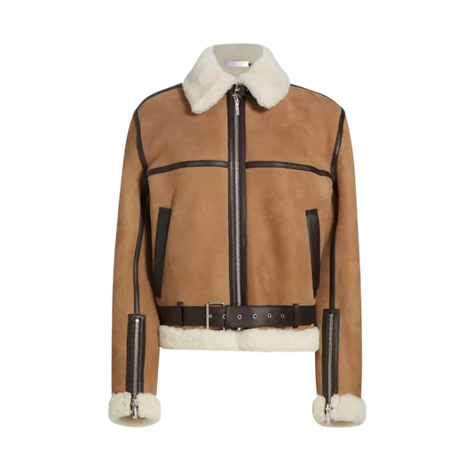 Brown leather jacket with white fur lining