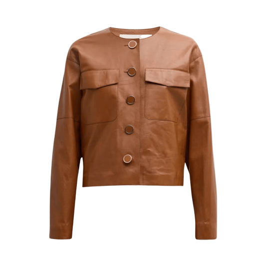 Brown leather jacket with button details