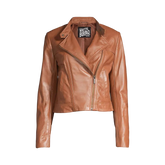Brown leather jacket with a visible brand label