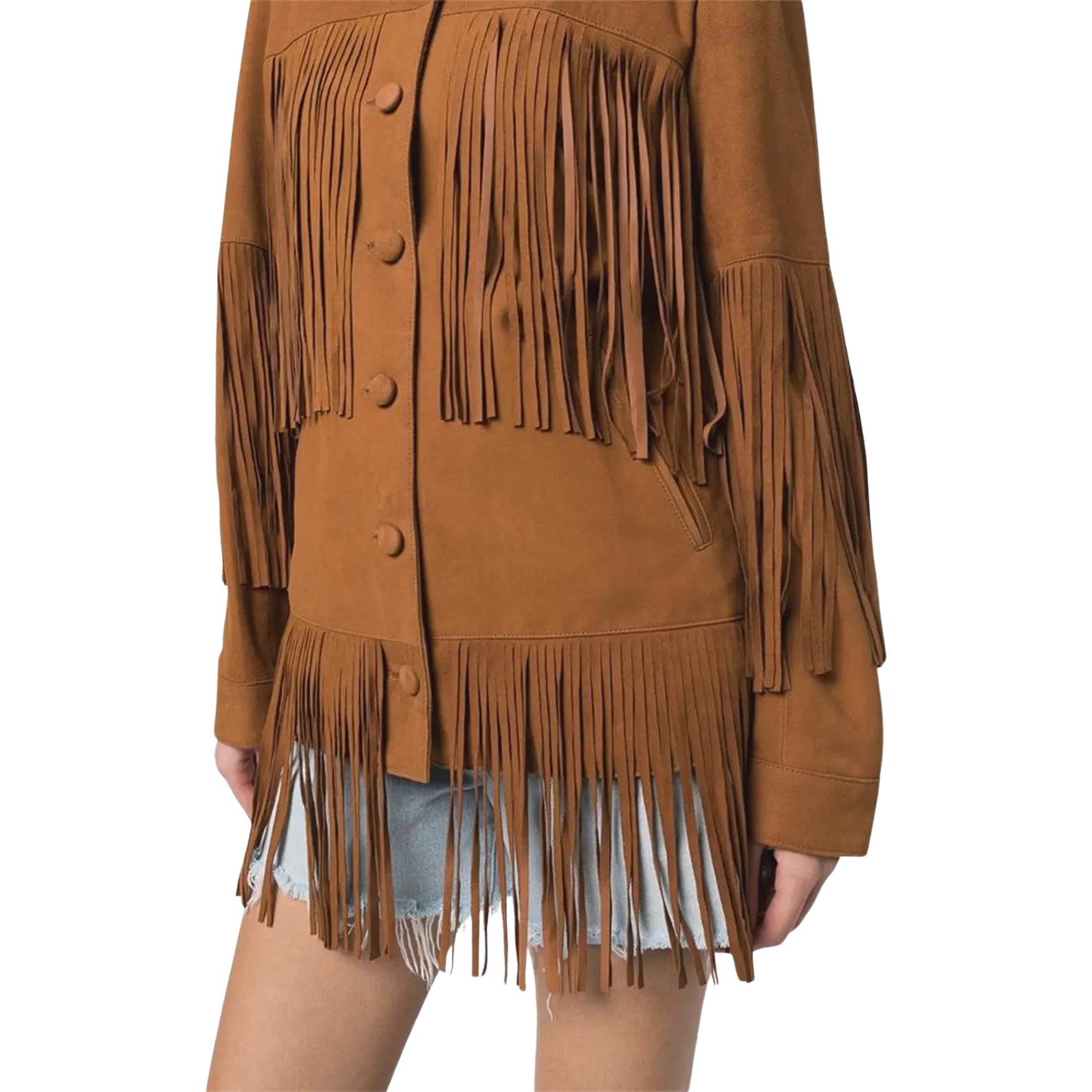 Brown suede fringe jacket worn with denim shorts