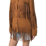 Brown suede fringe jacket worn with denim shorts