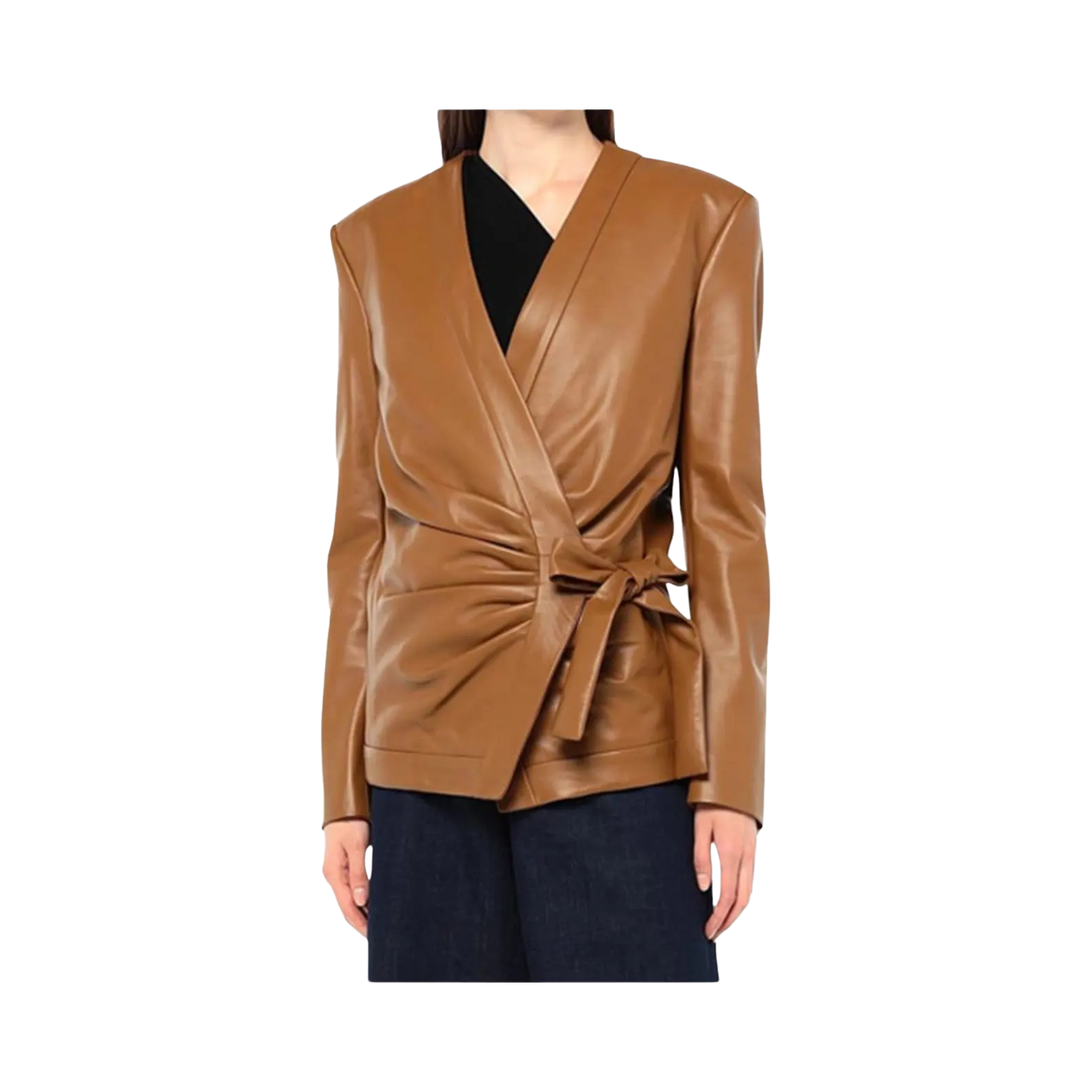 Brown leather wrap-style jacket