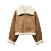 Brown jacket with white fur lining
