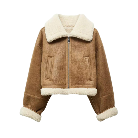 Brown jacket with white fur lining