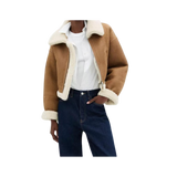 Brown shearling jacket with white trim worn by a person