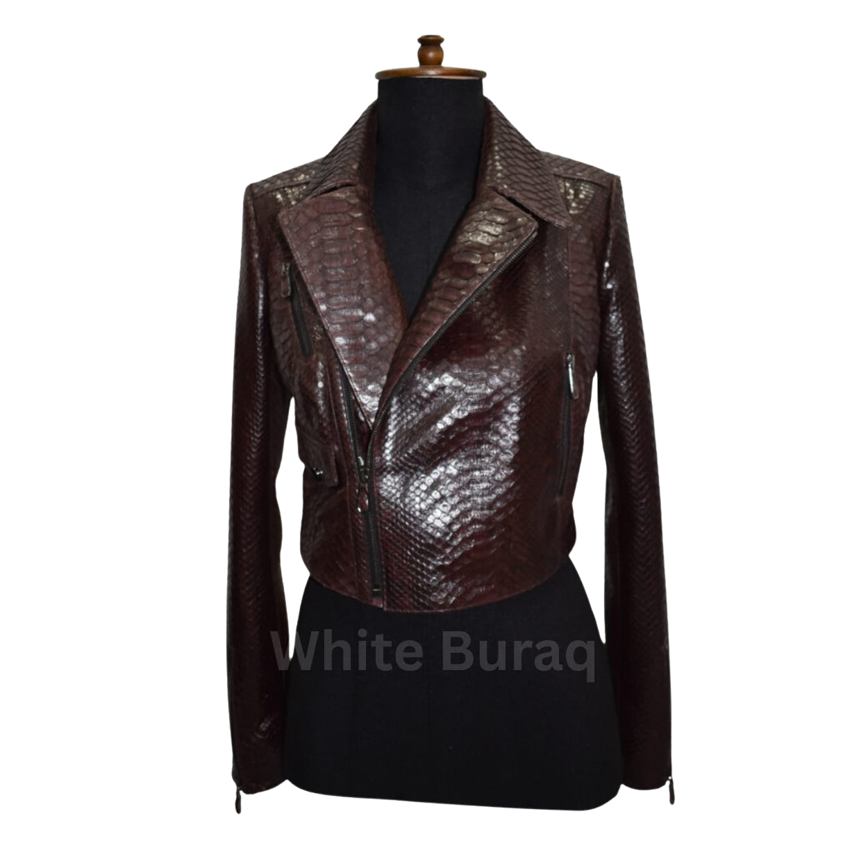 Burgundy leather jacket on a mannequin
