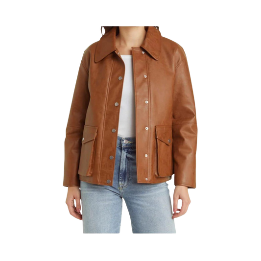 Brown leather jacket worn by a person
