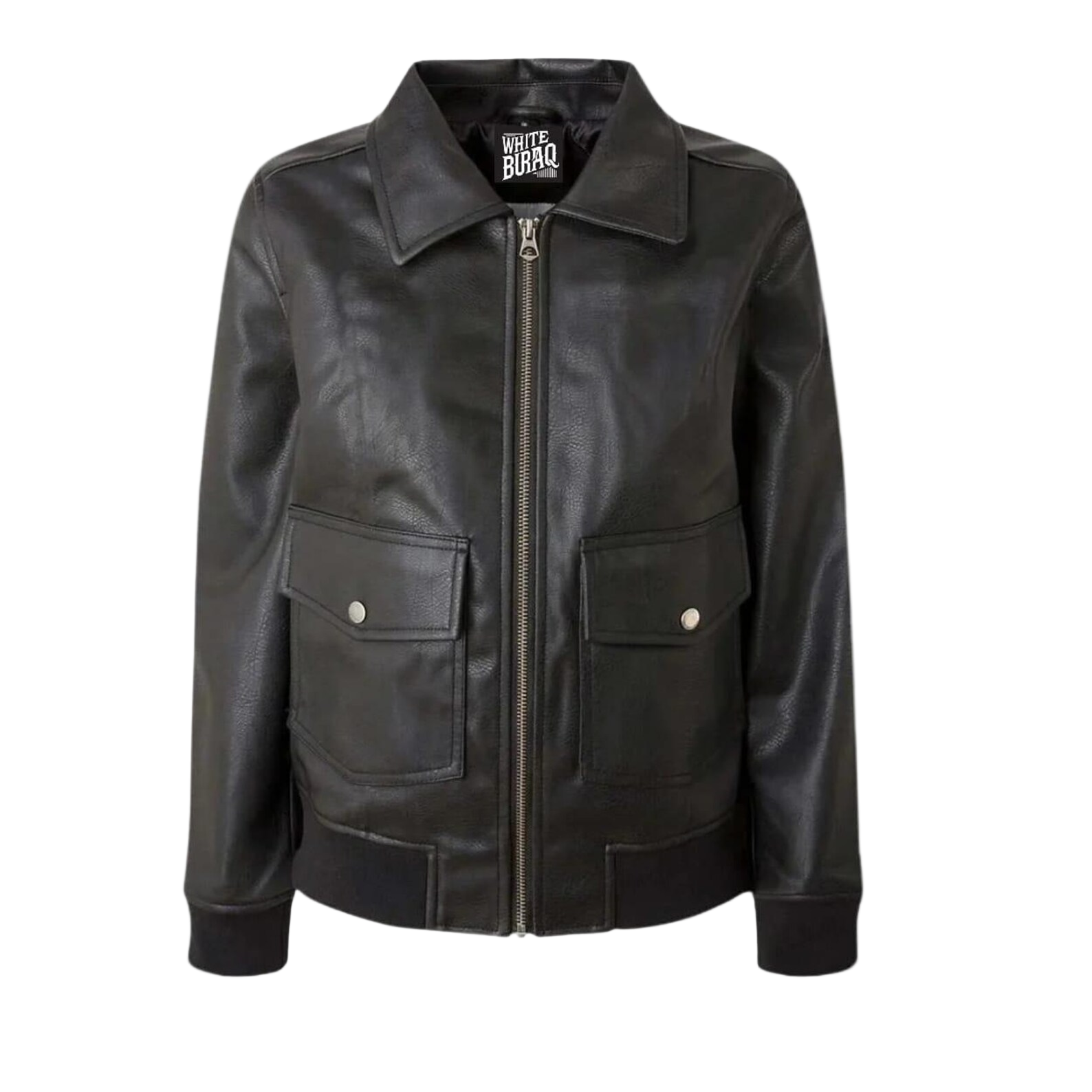 Black leather jacket with a brand label