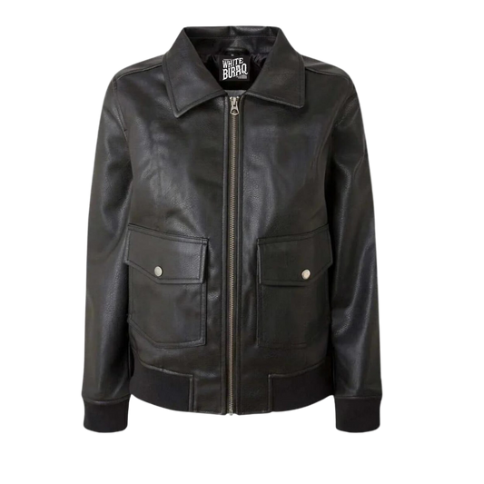 Black leather jacket with a brand label