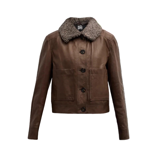 Brown leather jacket with a fur collar