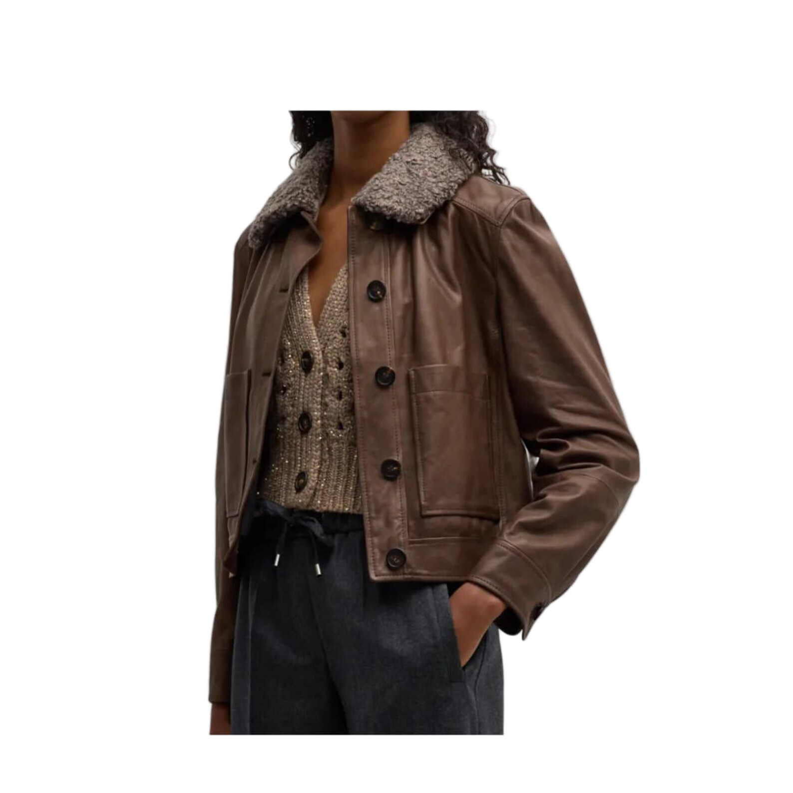 Black leather jacket with white fur lining