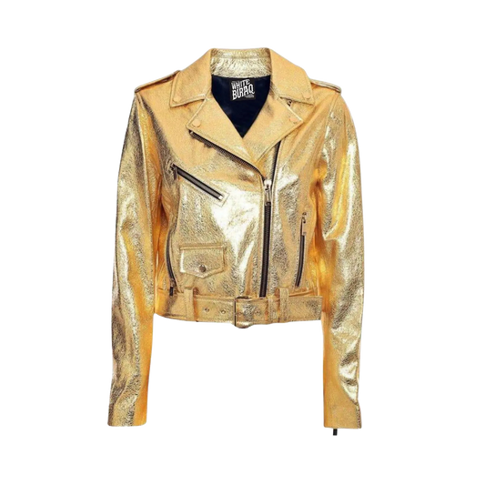 Gold Metallic Leather Biker Jacket