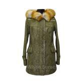 Green patterned coat with a fur-lined hood