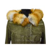 Green textured coat with a fur-lined hood