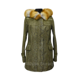 Green patterned coat with a fur-lined hood