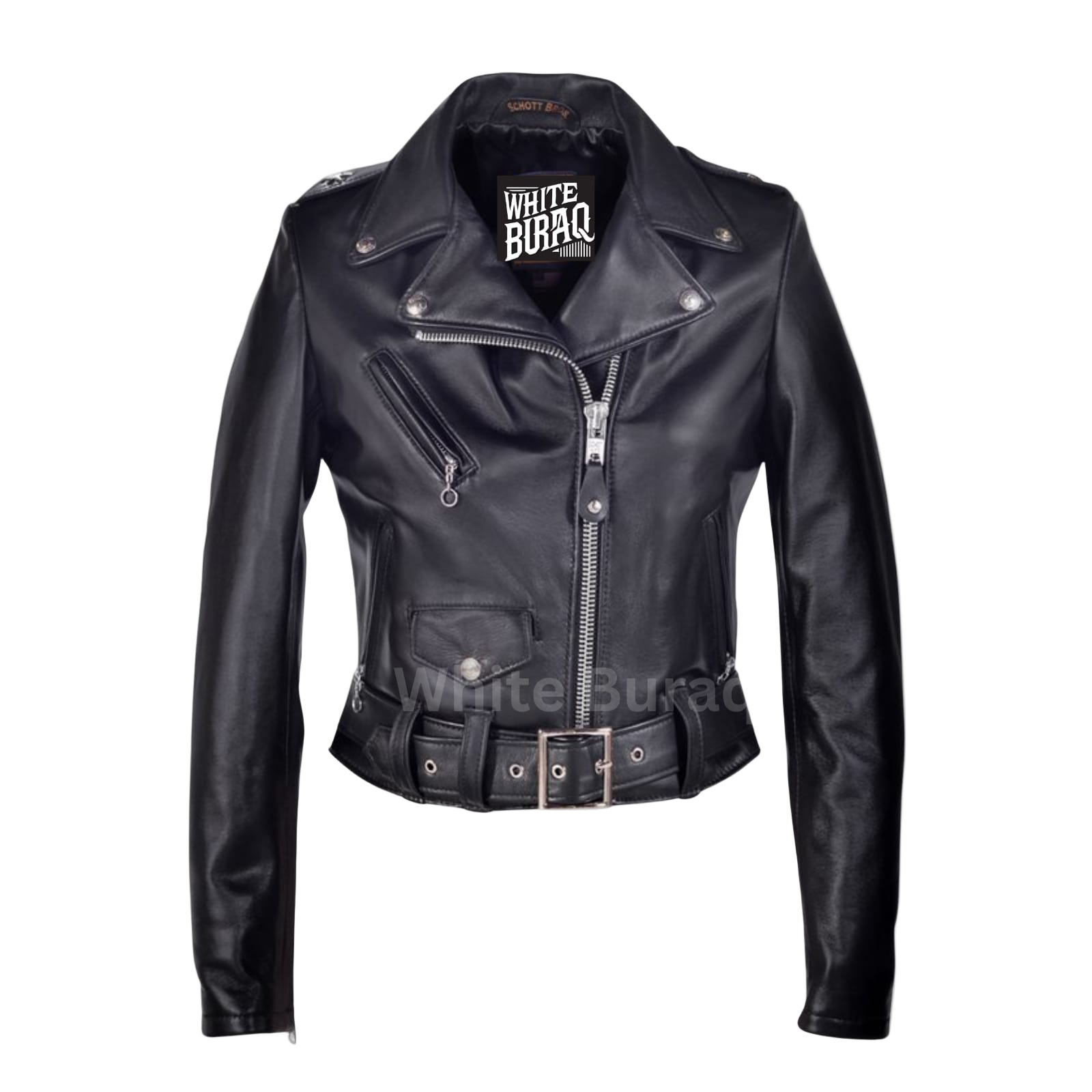 Black leather jacket with visible branding