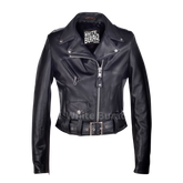 Black leather jacket with visible branding