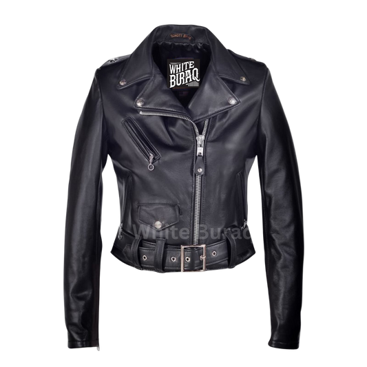 Black leather jacket with visible branding