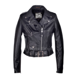 Black leather jacket with visible branding