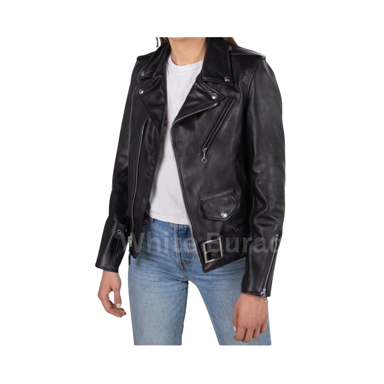 Black leather jacket worn by a person