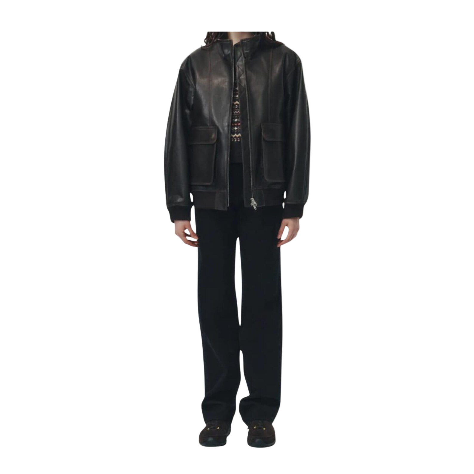 Person wearing a black leather jacket and pants