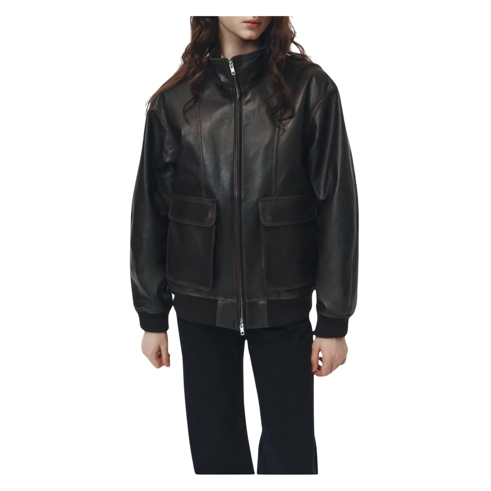 Black leather jacket worn by a person