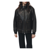 Black leather jacket worn by a person