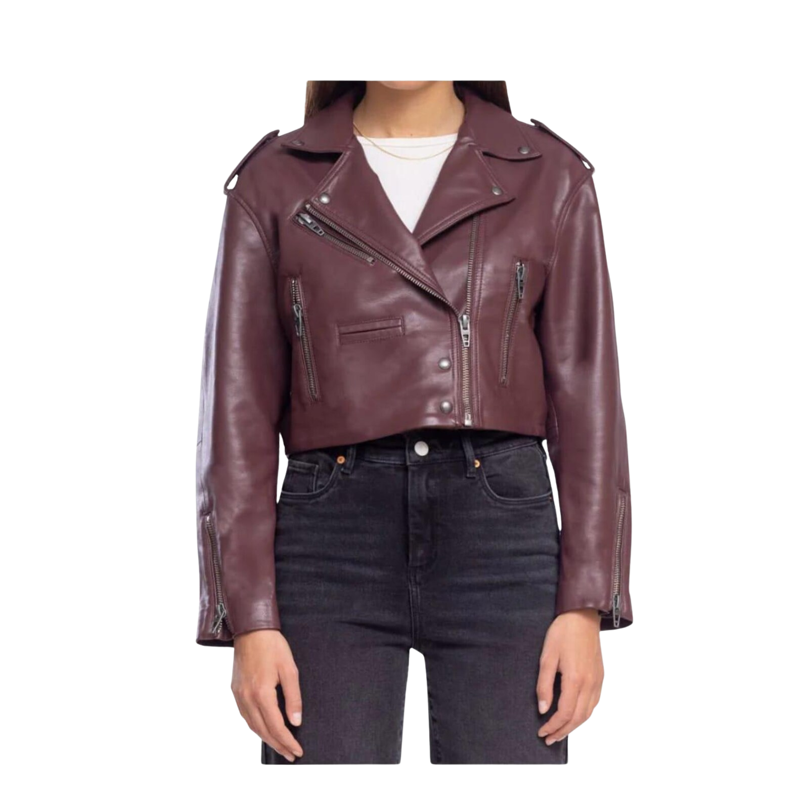 Purple leather jacket worn by a person