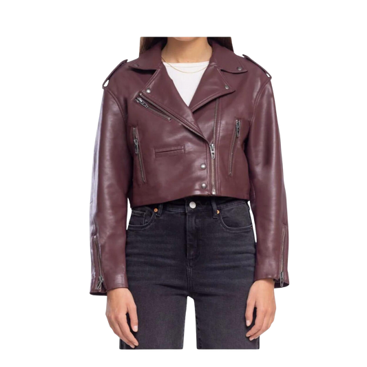 Purple leather jacket worn by a person