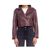 Purple leather jacket worn by a person