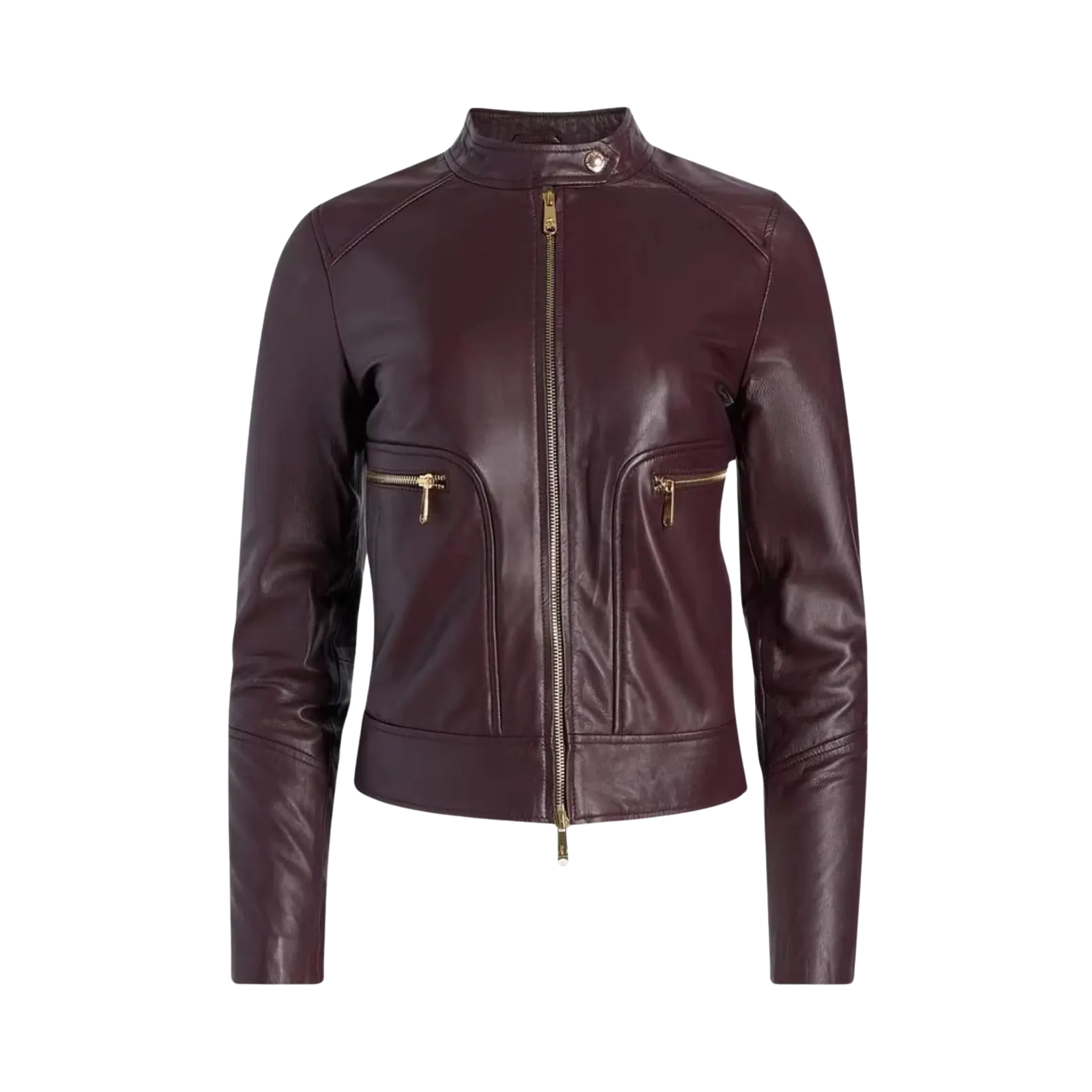 Maroon leather jacket with gold zippers