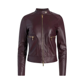 Maroon leather jacket with gold zippers