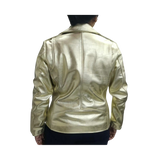 Gold leather jacket worn by a person