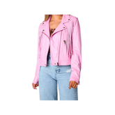 Pink leather jacket worn by a person