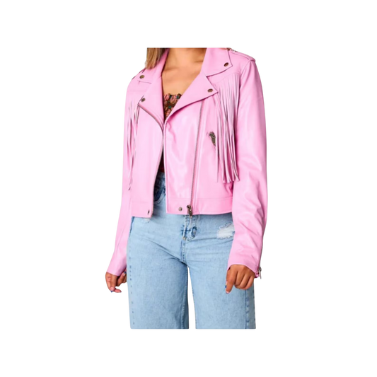 Pink leather jacket worn by a person