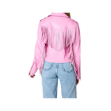 Pink fringe jacket worn by a person