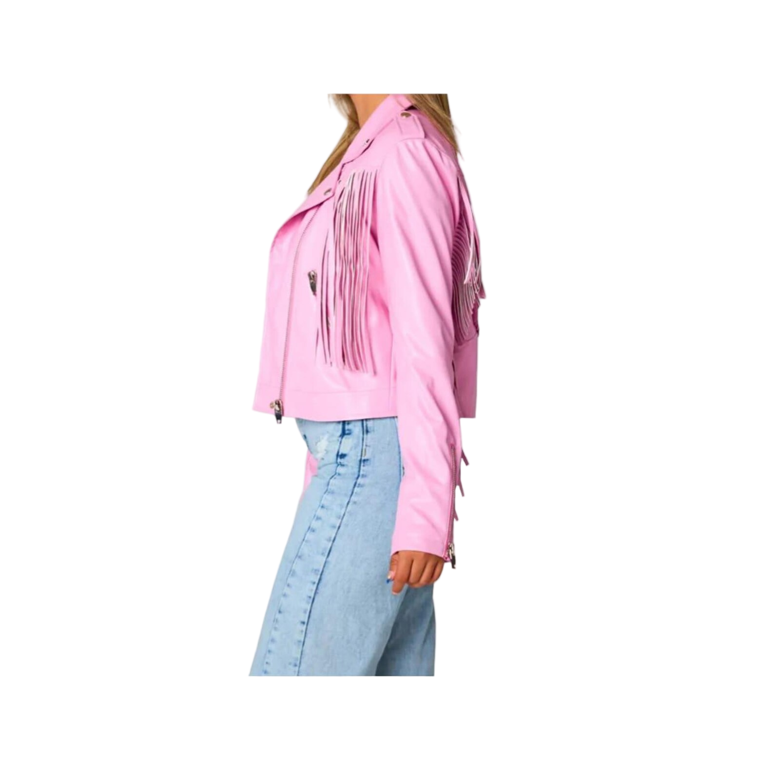 Pink jacket with fringe details worn by a person