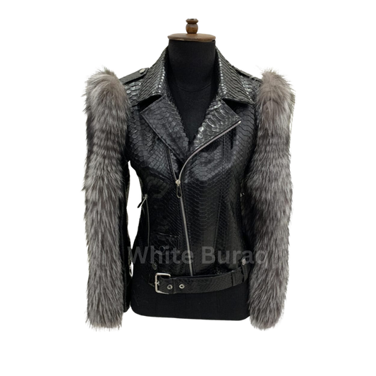 Black leather jacket with fur sleeves on a mannequin