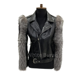 Black leather jacket with fur sleeves on a mannequin