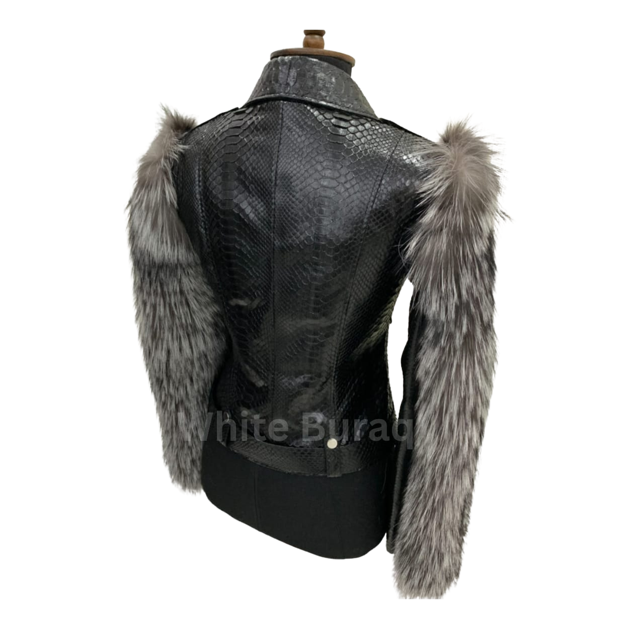 Black leather jacket with fur trim