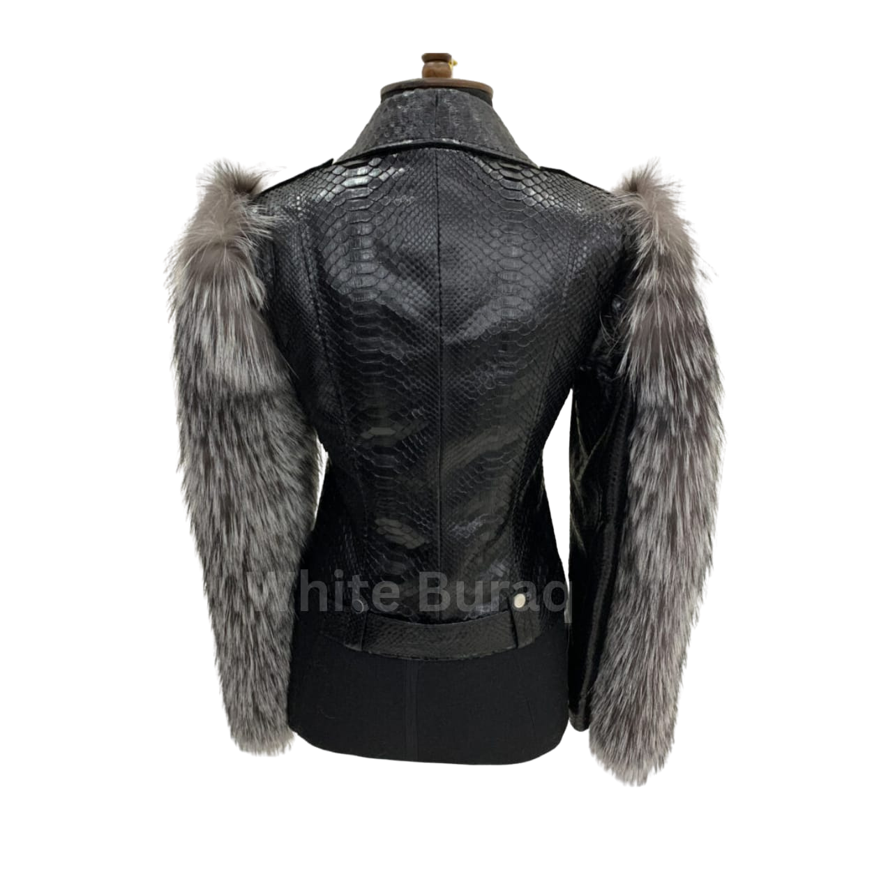Black leather jacket with fur sleeves on a mannequin