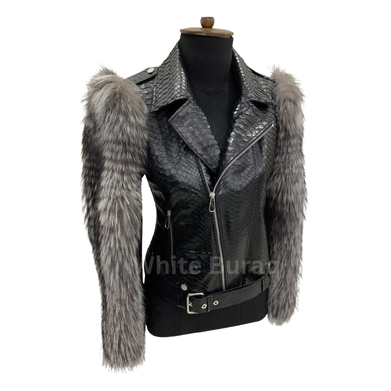 Black leather jacket with fur sleeves on a mannequin