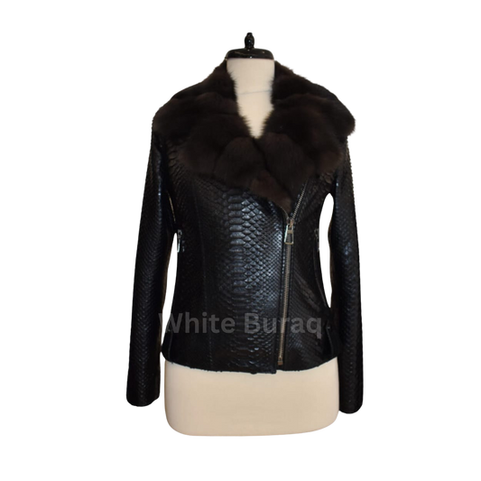 Black leather jacket with fur collar