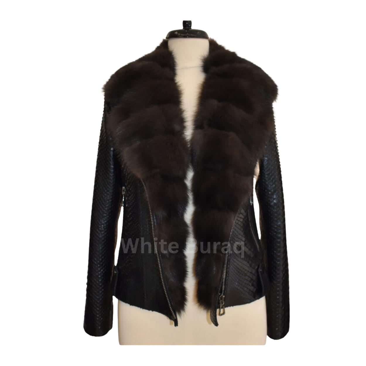 Black leather jacket with fur trim