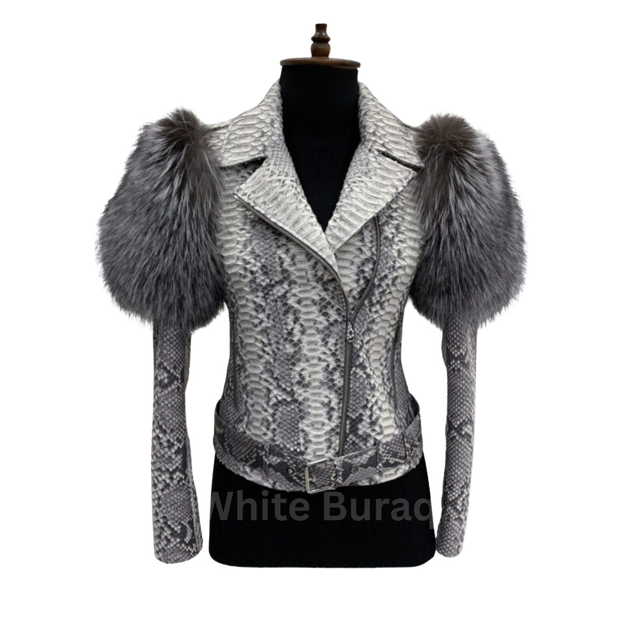 Snakeskin-patterned jacket with fur shoulders on a mannequin